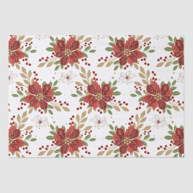 Red and White Poinsettia & Gold Glitter Christmas Tissue Paper (Front)