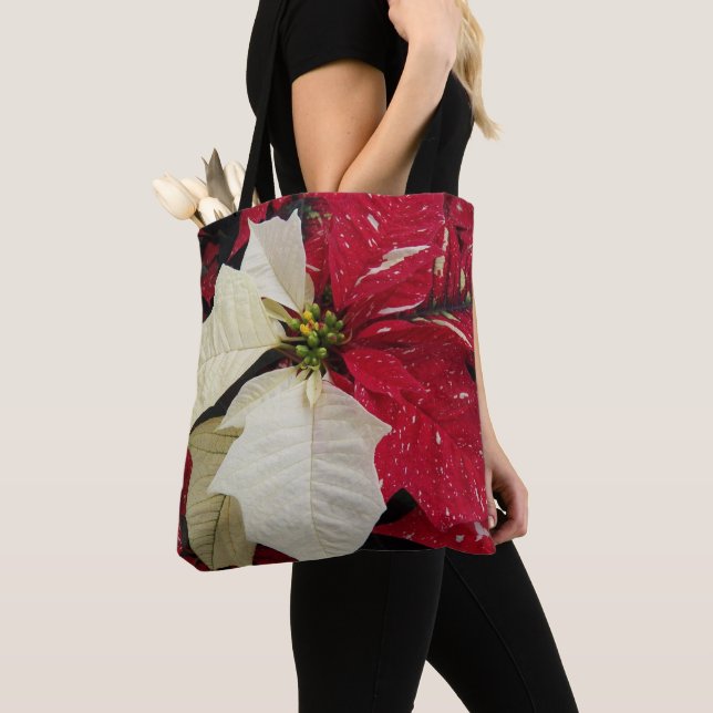 Red and White Poinsettia Holiday Tote Bag (Close Up)
