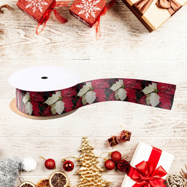 Red and White Poinsettia Pattern Holiday Satin Ribbon (In Situ)