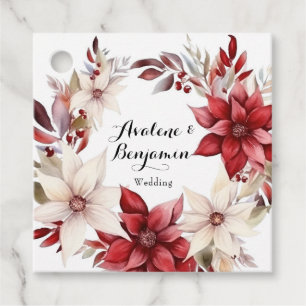 Red and White Poinsettia Wreath Watercolor Wedding Favour Tags