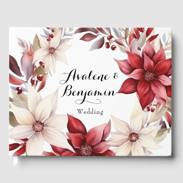 Red and White Poinsettia Wreath Watercolor Wedding Guest Book (Front)