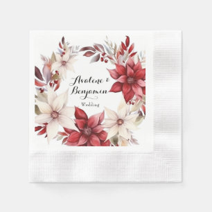 Red and White Poinsettia Wreath Watercolor Wedding Napkin