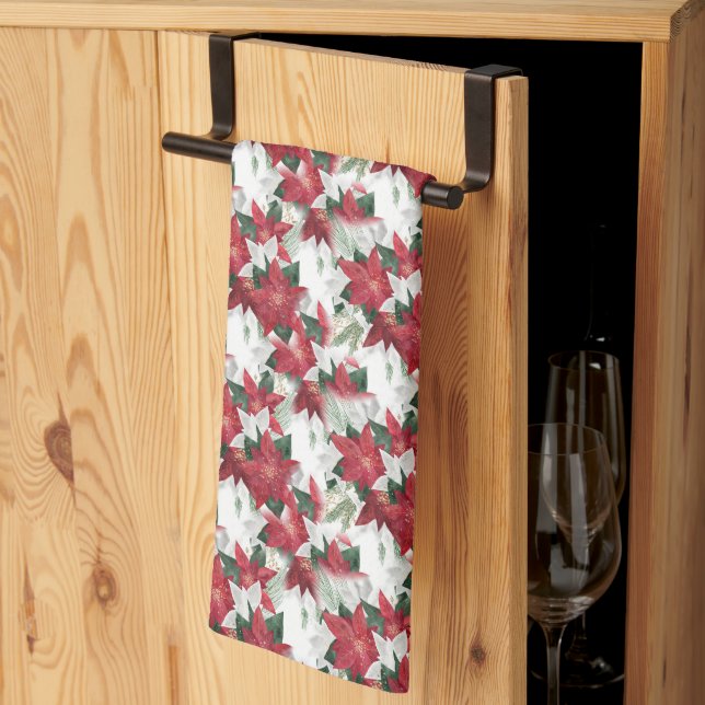 Red and White Poinsettias Tea Towel (Thirds Fold)