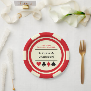 Red and White Poker Chip Las Vegas Wedding Paper Plate