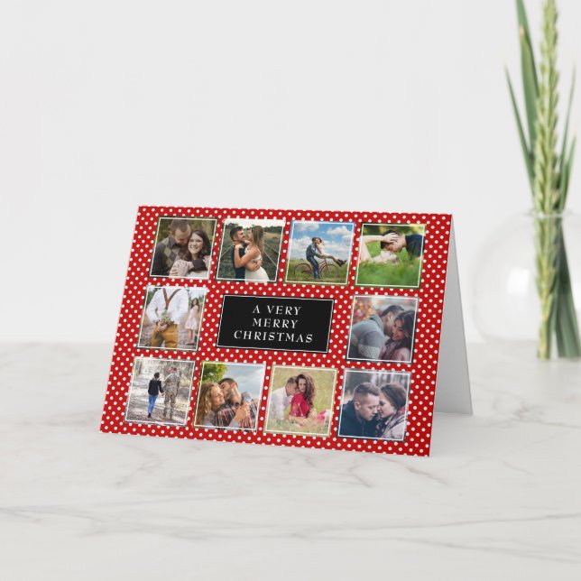 Red and White Polka Dot 10 Photo Collage Christmas Holiday Card (Front)