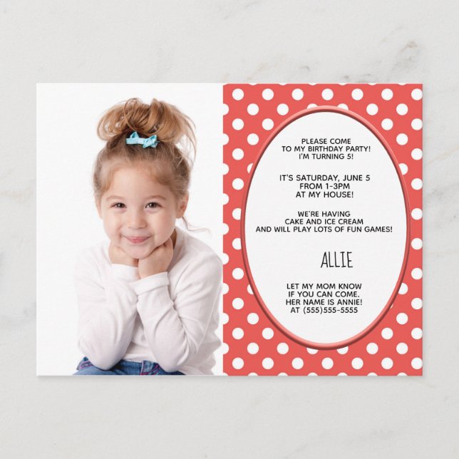 Red and White Polka Dot Birthday Photo Invitation (Front)