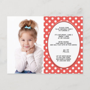 Red and White Polka Dot Birthday Photo Invitation Postcard