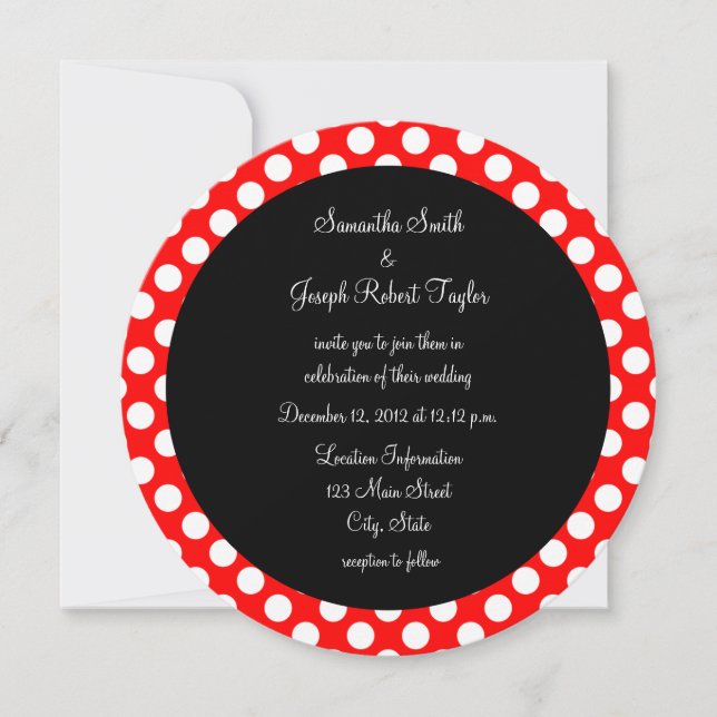 Red and White Polka Dot Black Circle Wedding Invitation (Front)