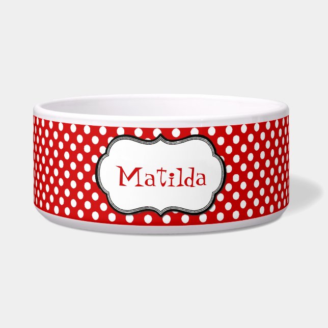 Red and White Polka Dot Custom Dog Bowl (Front)