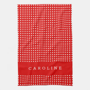 Red and White Polka Dot Pattern Personalised Name Tea Towel
