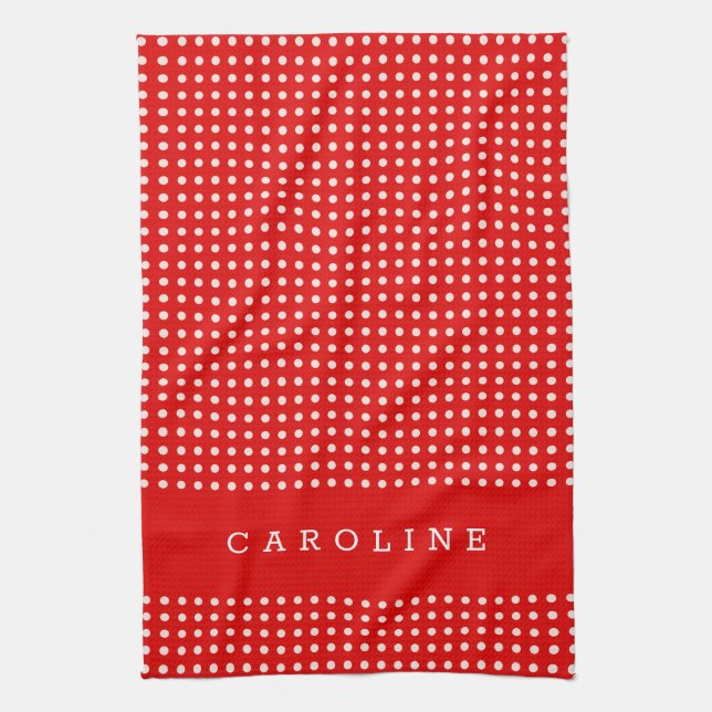 Red and White Polka Dot Pattern Personalised Name Tea Towel (Vertical)