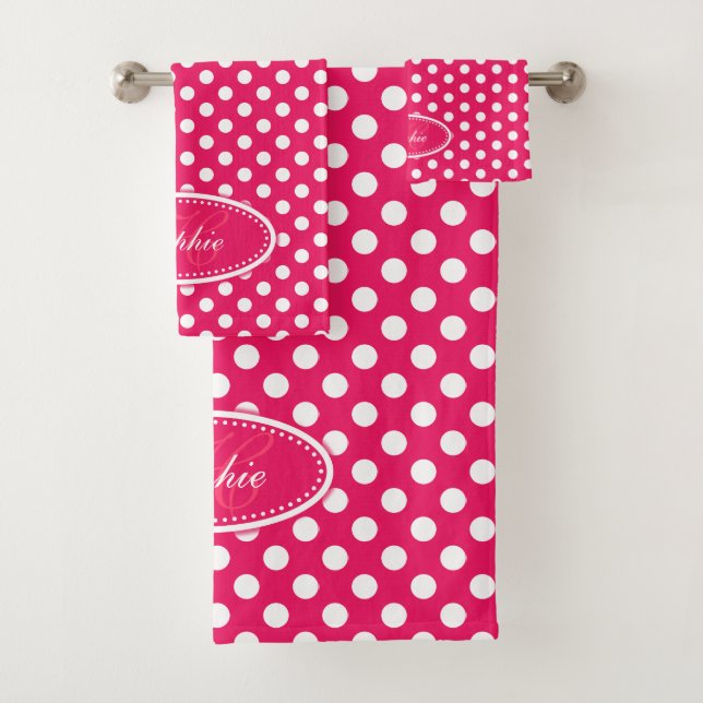 Red and white polka dot personalised towels (Insitu)