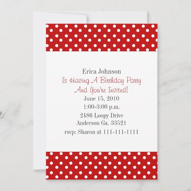 Red and White Polka Dot Print Party Invitation (Front)