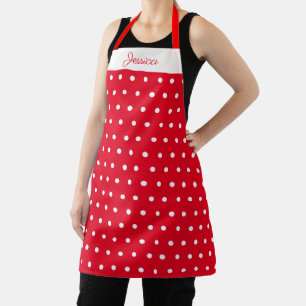 Red and White Polka Dot Red Personalised Name Apron
