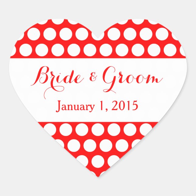 Red and White Polka Dot Wedding Heart Sticker (Front)