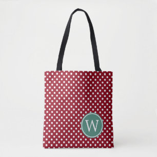 Red and White Polka Dot With Deep Teal Monogram Tote Bag