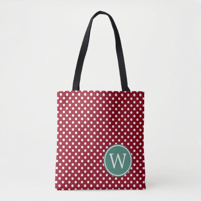Red and White Polka Dot With Deep Teal Monogram Tote Bag (Front)