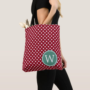 Red and White Polka Dot With Deep Teal Monogram Tote Bag