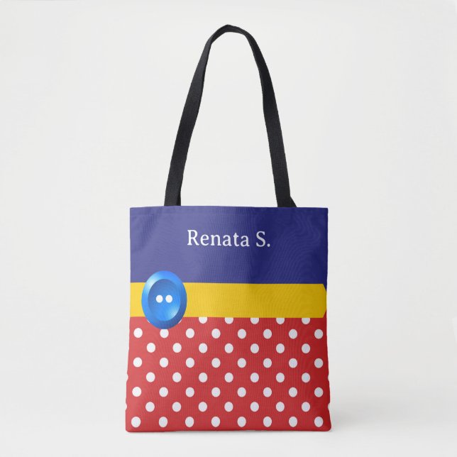 Red and White Polka Dots and Blue Button Tote Bag (Front)