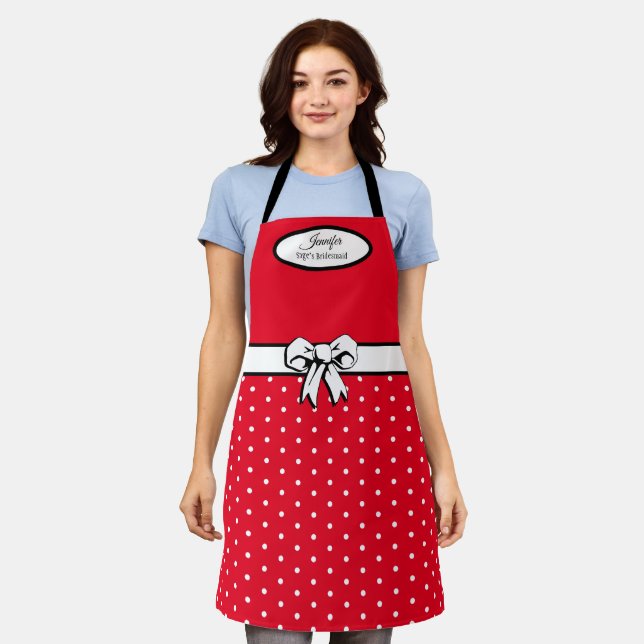 Red and White Polka Dots and Bow Personalised Apron (Worn)