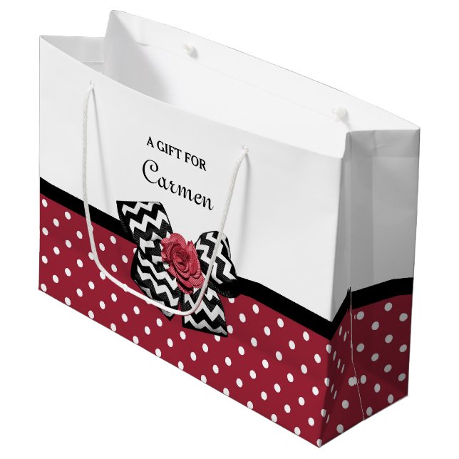 Red and White Polka Dots Cute Rose Chevron Bow Large Gift Bag (Front Angled)