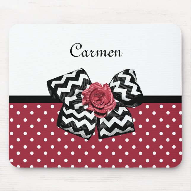 Red and White Polka Dots Cute Rose Chevron Bow Mouse Mat (Front)