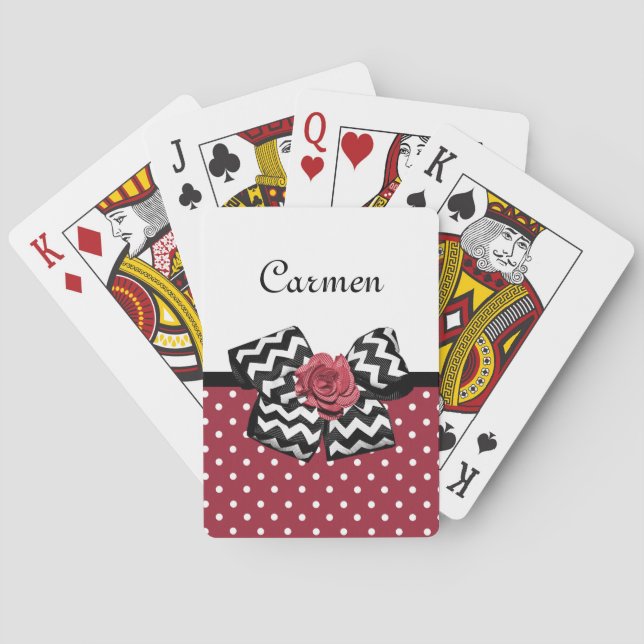 Red and White Polka Dots Cute Rose Chevron Bow Playing Cards (Back)