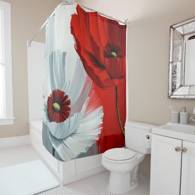 Red and White Poppies Shower Curtain (In Situ)