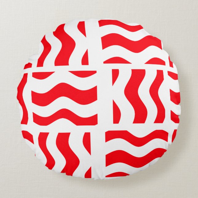 Red and White Pouf Style Round Throw Pillow  (Front)