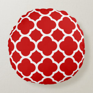 Red and White Quatrefoil Pattern Round Cushion