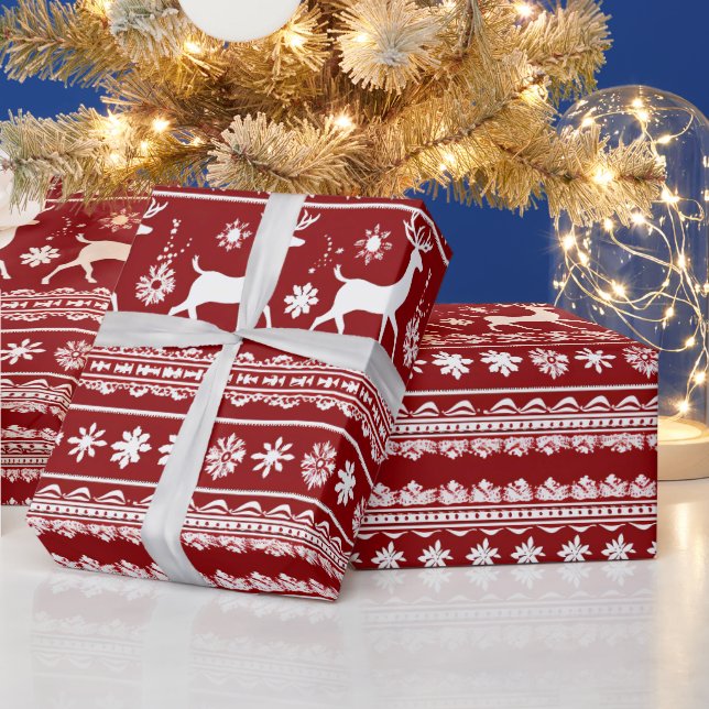Red and White Reindeer Floral Modern Christmas Wrapping Paper (Holidays)