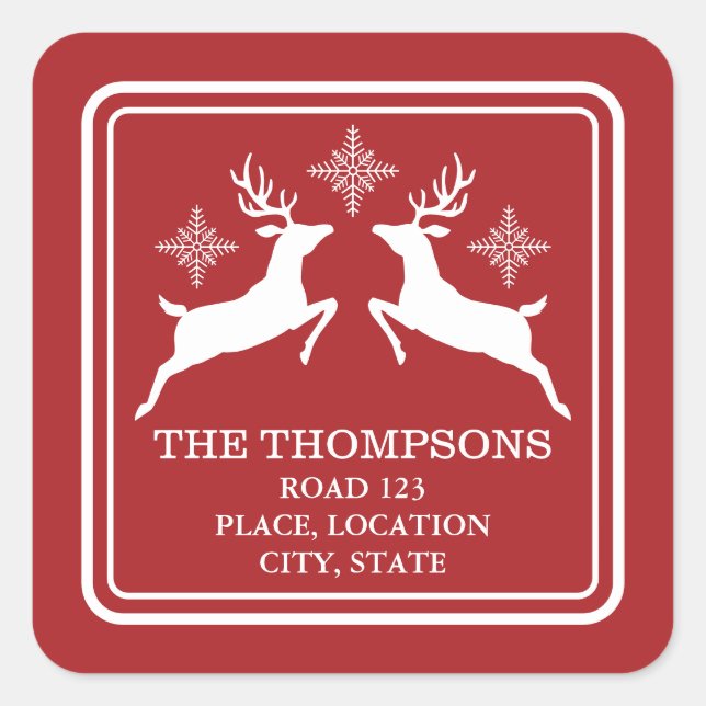 Red And White Reindeers With Snowflakes And Text Square Sticker (Front)
