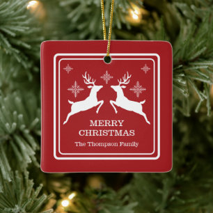 Red And White Reindeers With Snowflakes Christmas Ceramic Ornament