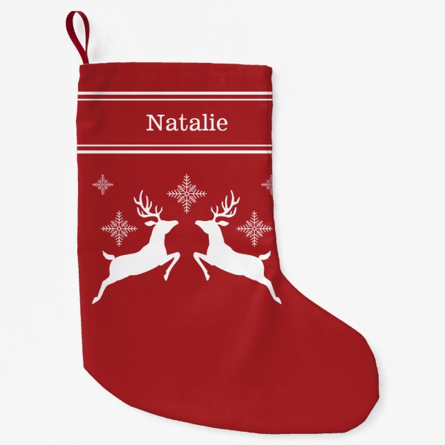Red And White Reindeers With Snowflakes Christmas Small Christmas Stocking (Front)