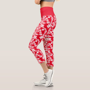 Red And White Repeating Plant Pattern Capri Leggings
