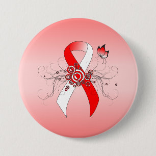 Red and White Ribbon with Butterfly 7.5 Cm Round Badge