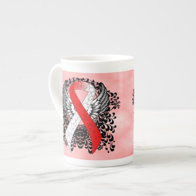 Red and White Ribbon with Wings Bone China Mug (Front Left)