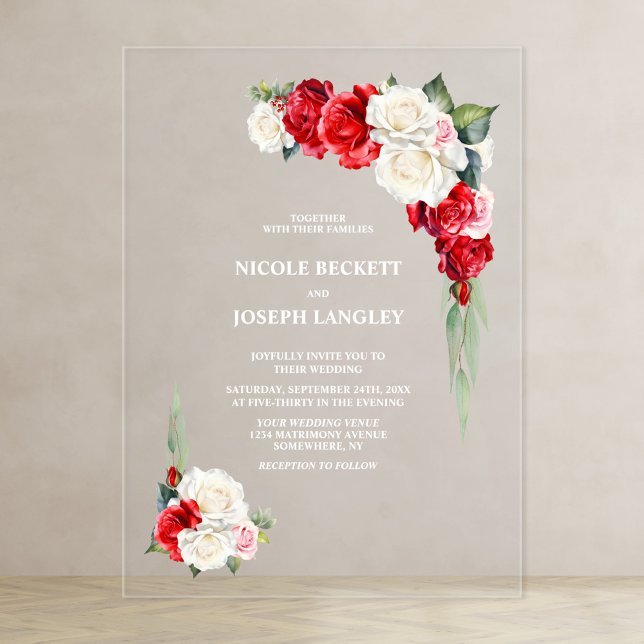Red and White Rose Floral Wedding Acrylic Invitations (Creator Uploaded)