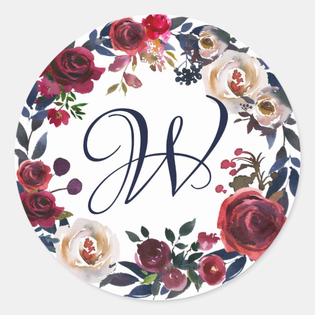 Red and White Rose Floral Wreath Monogrammed Classic Round Sticker (Front)