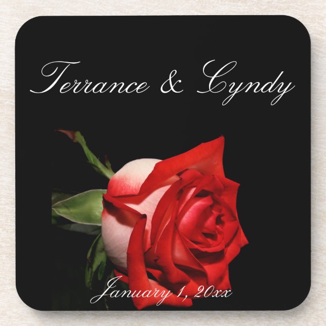 Red and White Rose Personal Wedding Coaster (Front)
