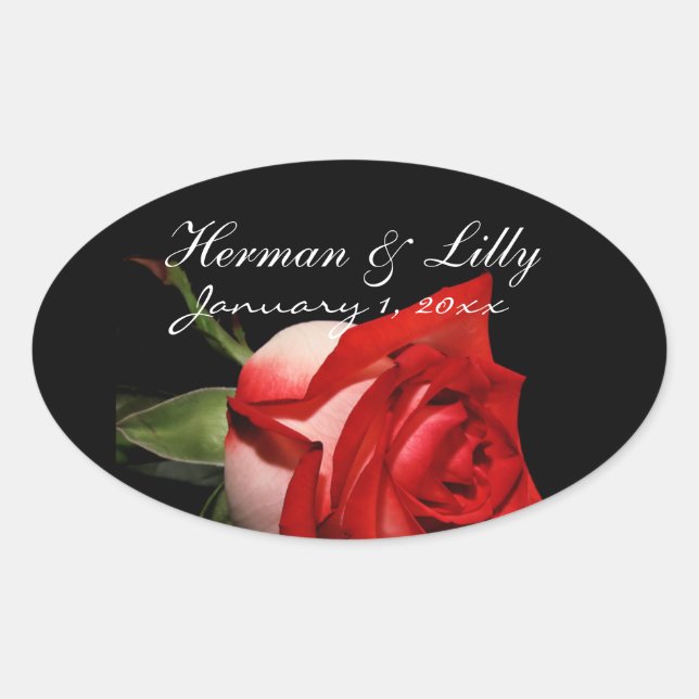 Red and White Rose Personalised Wedding Oval Sticker (Front)
