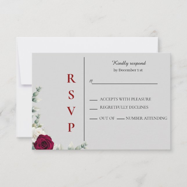 Red and White Rose Wedding RSVP Card (Front)