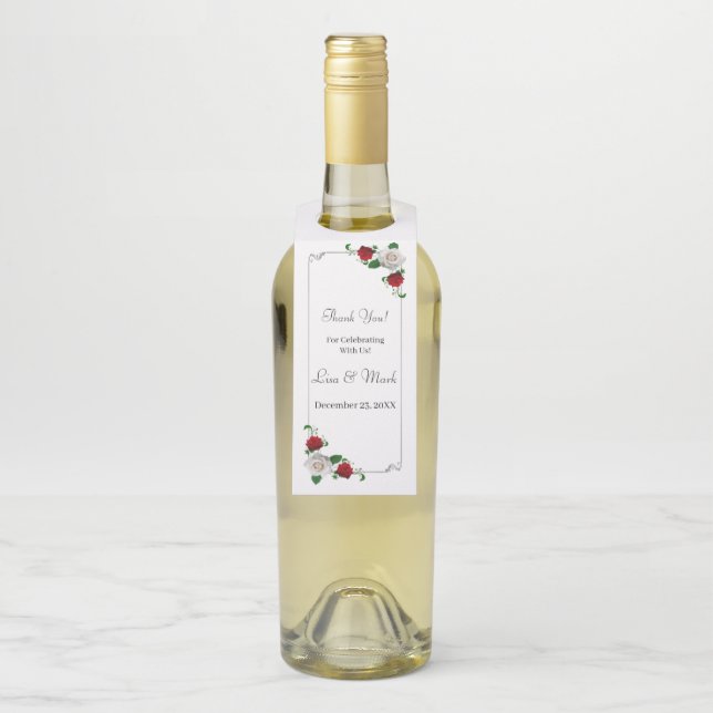 Red And White Roses Christmas Wedding Bottle Tag (On Bottle)