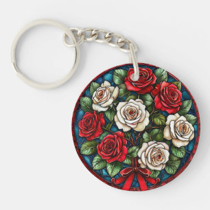 Red And White Roses With Intricate Details Key Ring