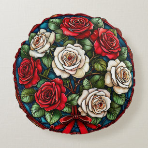 Red And White Roses With Intricate Details Round Cushion