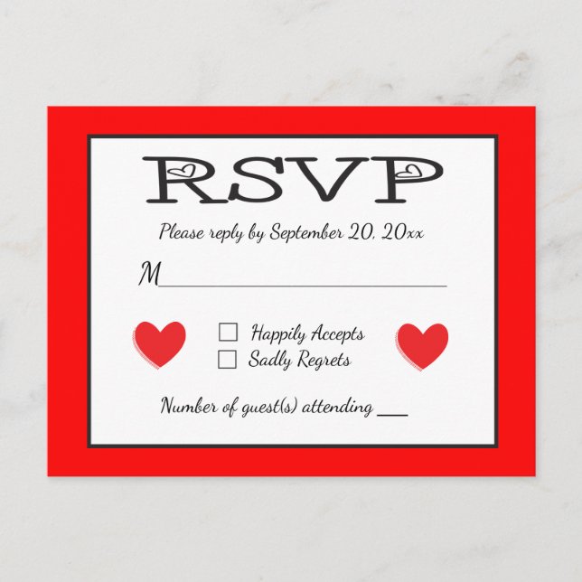 Red And White RSVP Hearts Wedding / Party Response Invitation Postcard (Front)