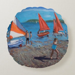 Red and White Sails Abersoch Round Cushion