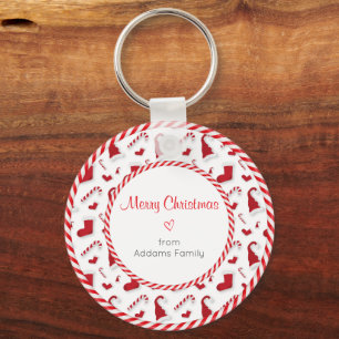 Red and White Santa Hats And Candy Canes Key Ring