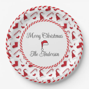 Red and White Santa Hats And Candy Canes Paper Plate