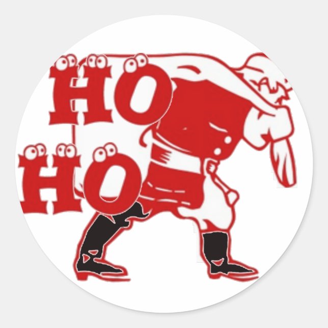 Red and White Santa Walking Ho Ho Ho Art Print Classic Round Sticker (Front)